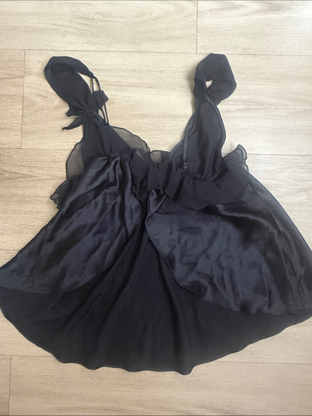 Victoria’s Secret Black Satin Tie-Strap Babydoll Top w/ Ruffles & Bows - Picture 4 of 4
